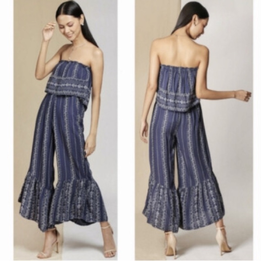 Japna Women’s Strapless Blue Paisley Wide Leg Ruffle Jumpsuit Size S